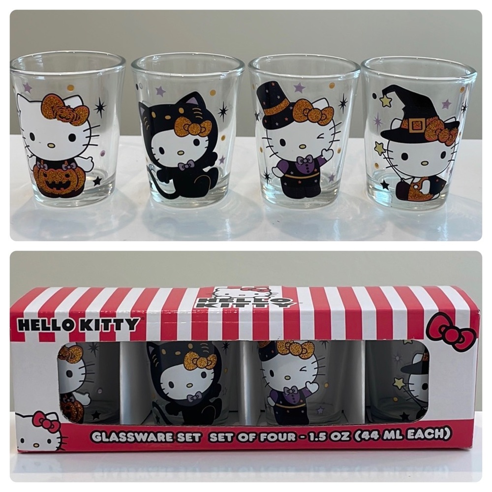 New Sanrio Hello Kitty Glittery Halloween 1.5oz Shot Glasses (Set of 4)
